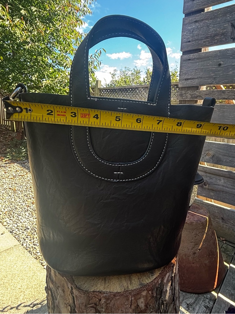 Black Vegan Leather Tote Bag with Contrast Stitching - Picture 4 of 9